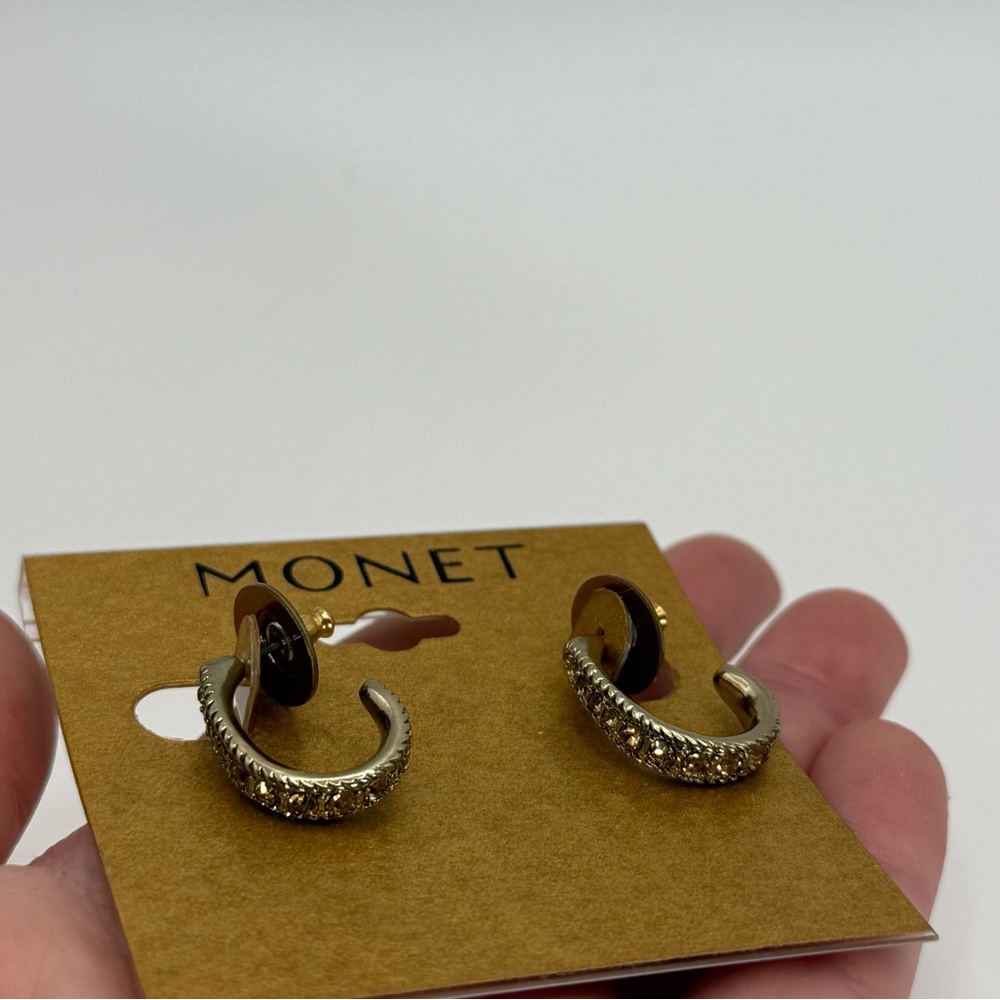 Monet Gold Tone Hoop Rhinestone Earrings NWT - Picture 2 of 7